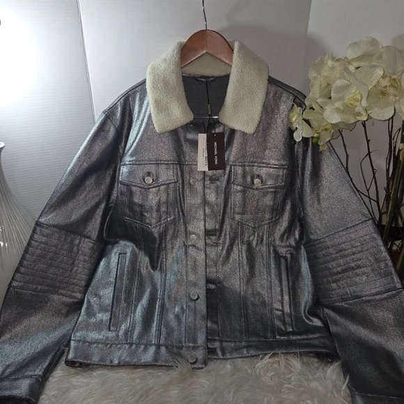Michael Kors Metallic Gray JacketWhite Sherpa Removable Collar.Size L